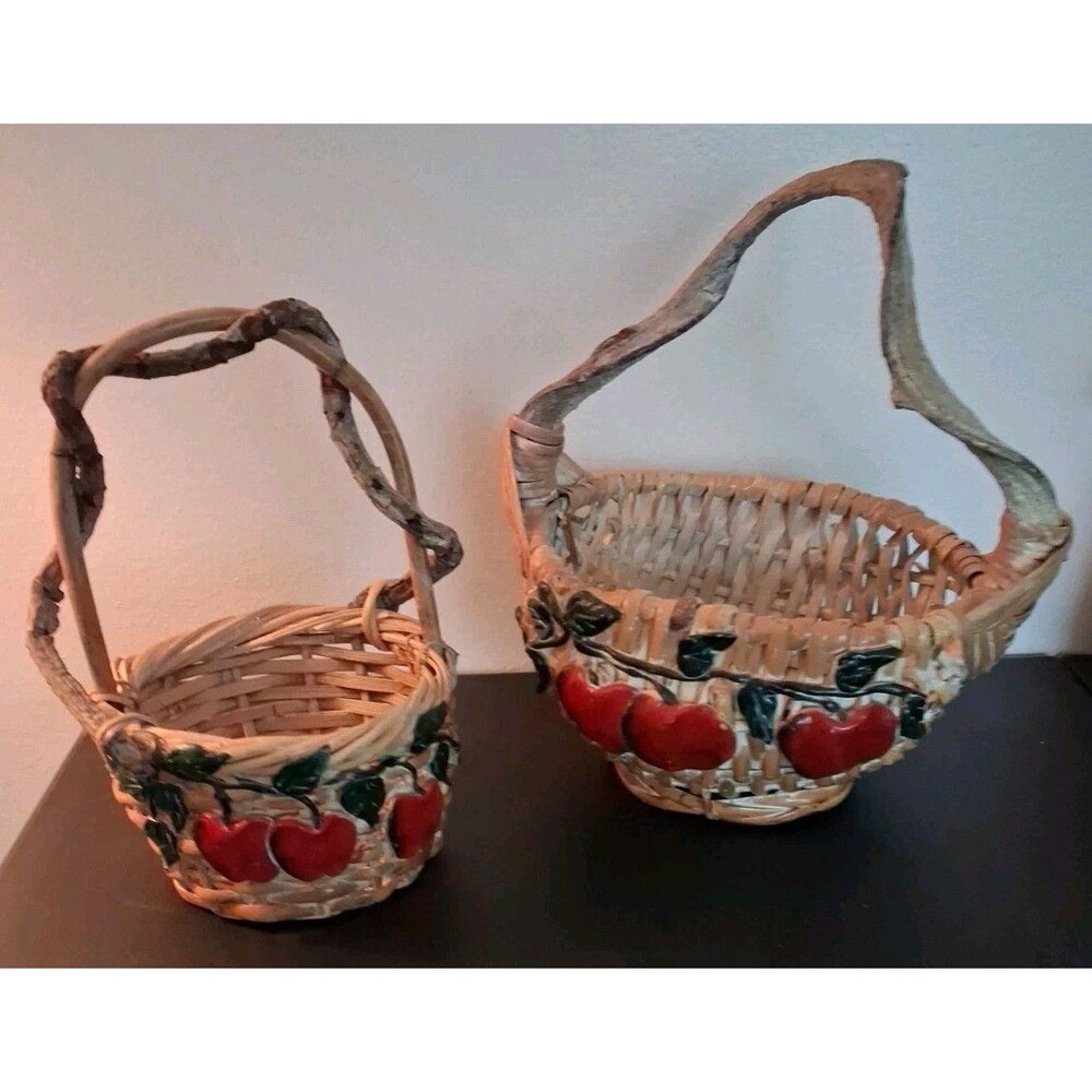 Vintage Woven Bamboo Basket with Handle Red Apple & Leaf Relief Design Lot